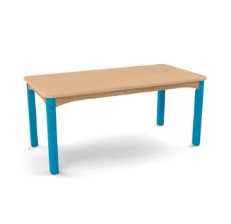 Table scolaire avec plateau rectangle en hêtre verni et piétement bleu