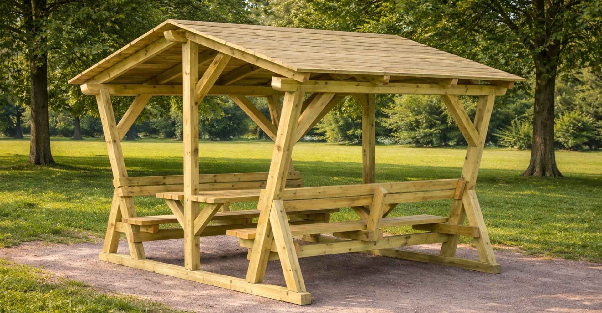 table pique nique en bois avec toit de protection