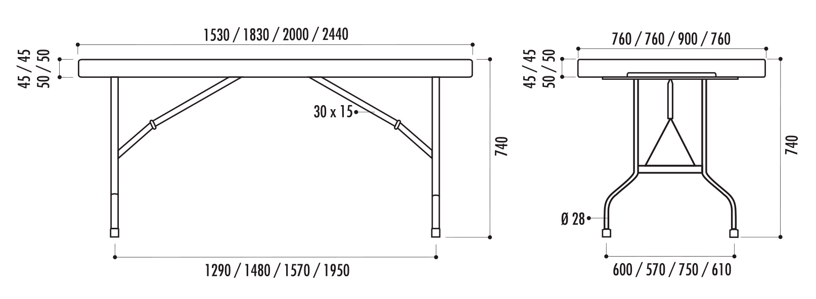 dimensions des tables rectangulaires pliantes en polypro - leader équipements