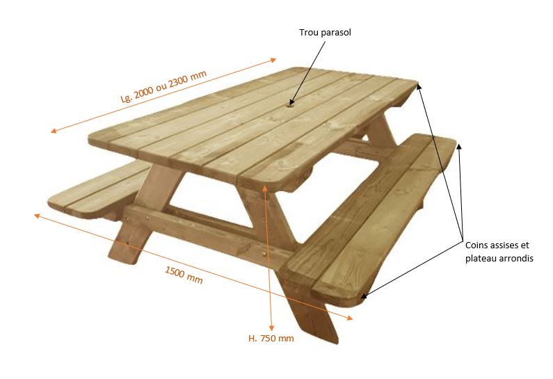 Table de pique-nique en bois avec bancs intégrés, table de 